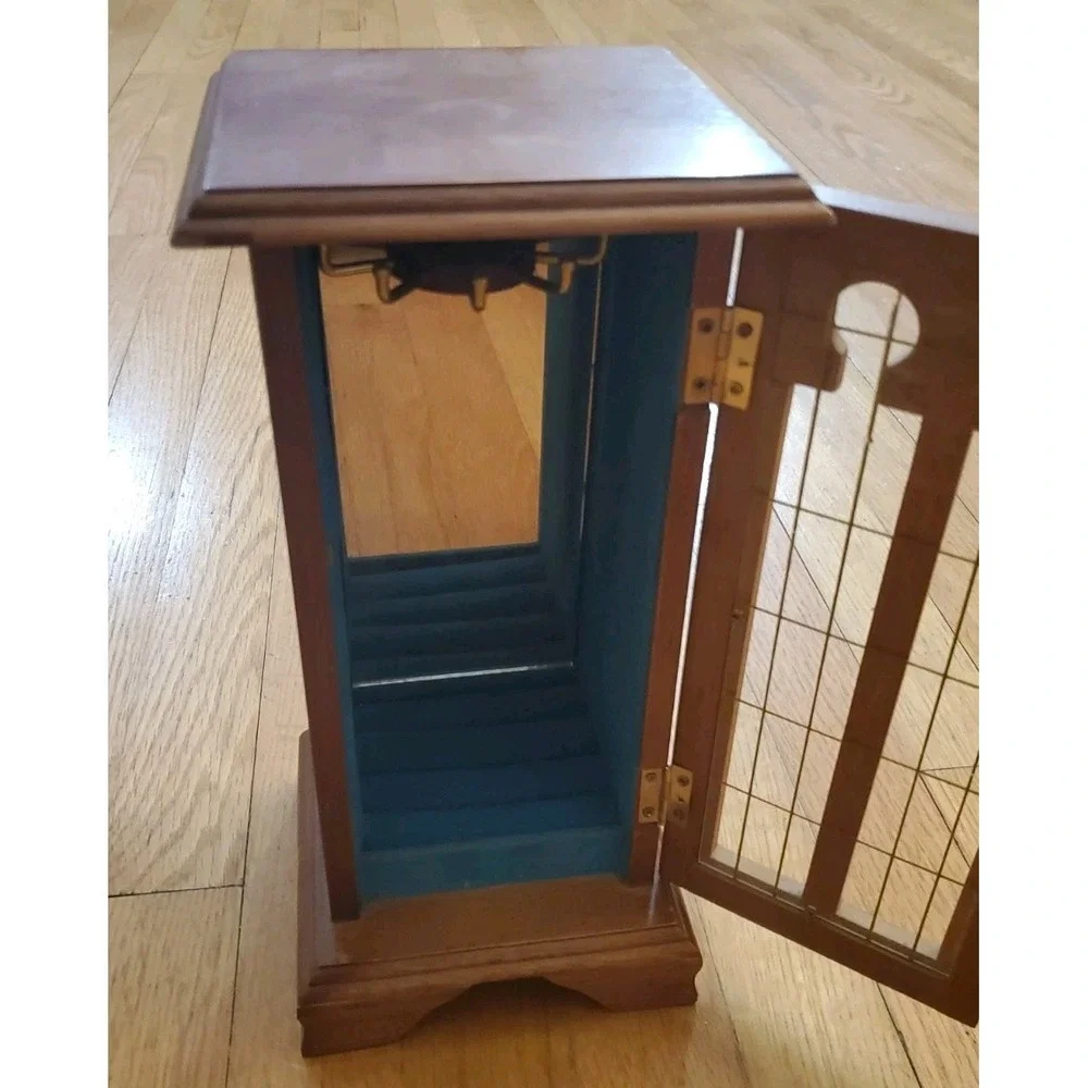 Vintage Standing Wood Jewelry Box with Mirror‎ & Turquoise Blue Interior